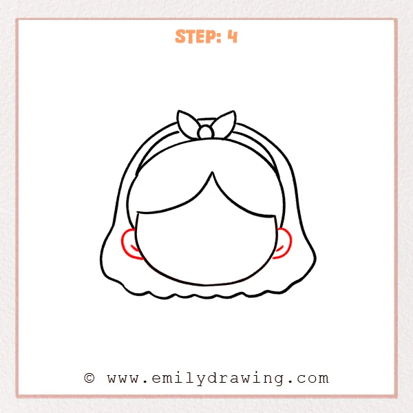 how to draw a girl face - Step 4 of how to draw a girl face adds small ears on both sides of the face with a simple inner ear line.
